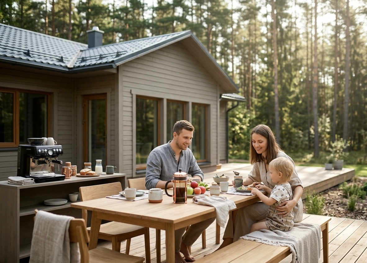 Ģimene pie AIG Otto hus mājas terases